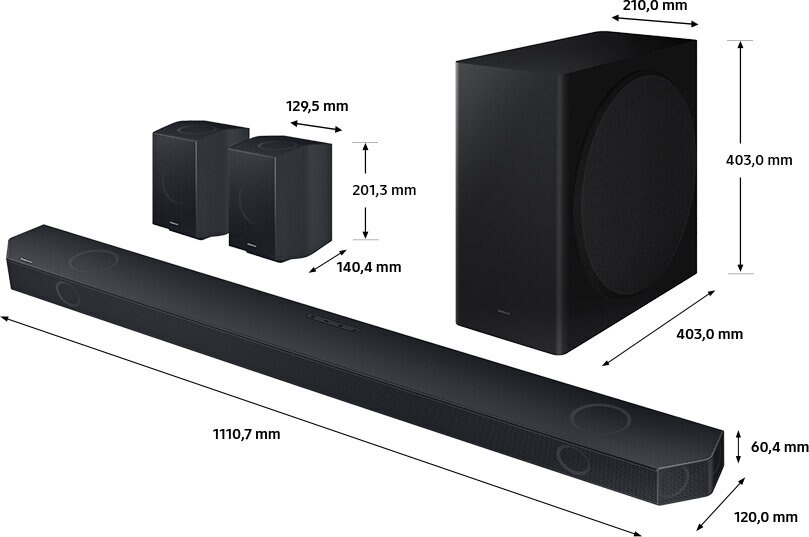 Czarny soundbar i subwoofer Samsung z głośnikami satelitarnymi.