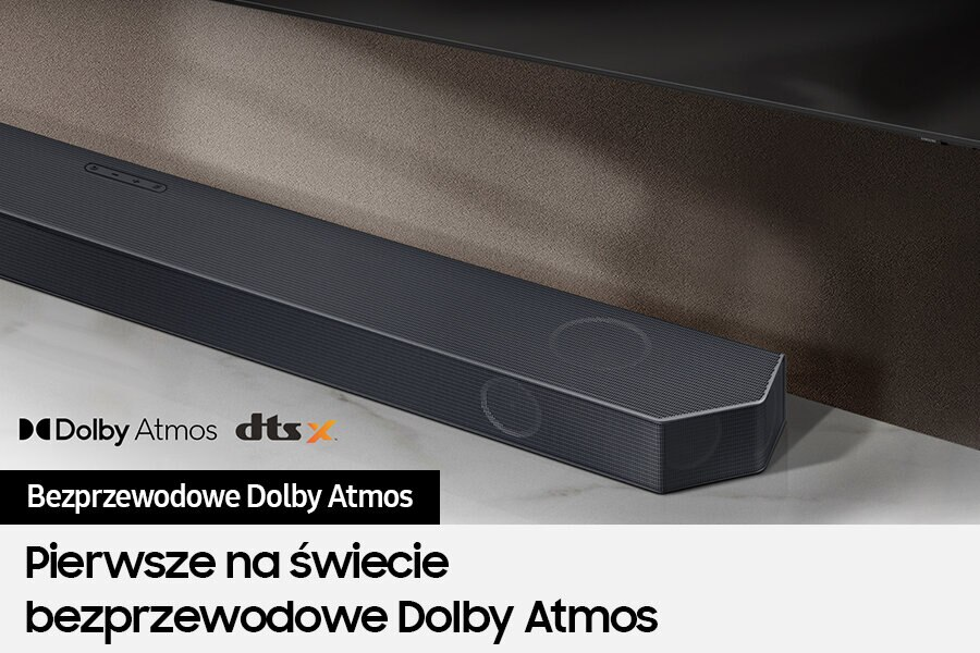 Czarny soundbar z logo Dolby Atmos i DTS:X. Tekst brzmi: „Bezprzewodowe Dolby Atmos” po polsku.