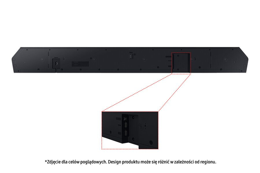 Czarny soundbar ze szczegółowym widokiem tylnego panelu z portami HDMI.