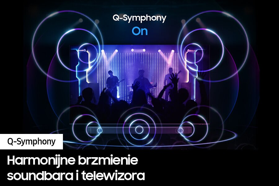 Ekran telewizora z falami dźwiękowymi i tekstem 'Q-Symphony On'.