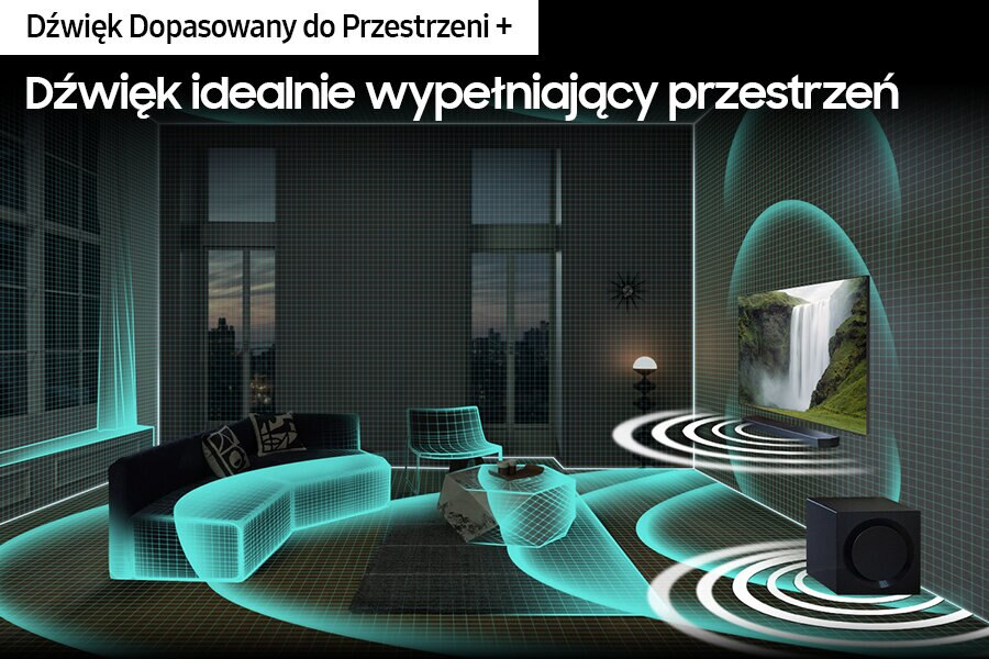 Salon z dużym telewizorem, sofą i falami dźwiękowymi emitowanymi z telewizora i subwoofera.