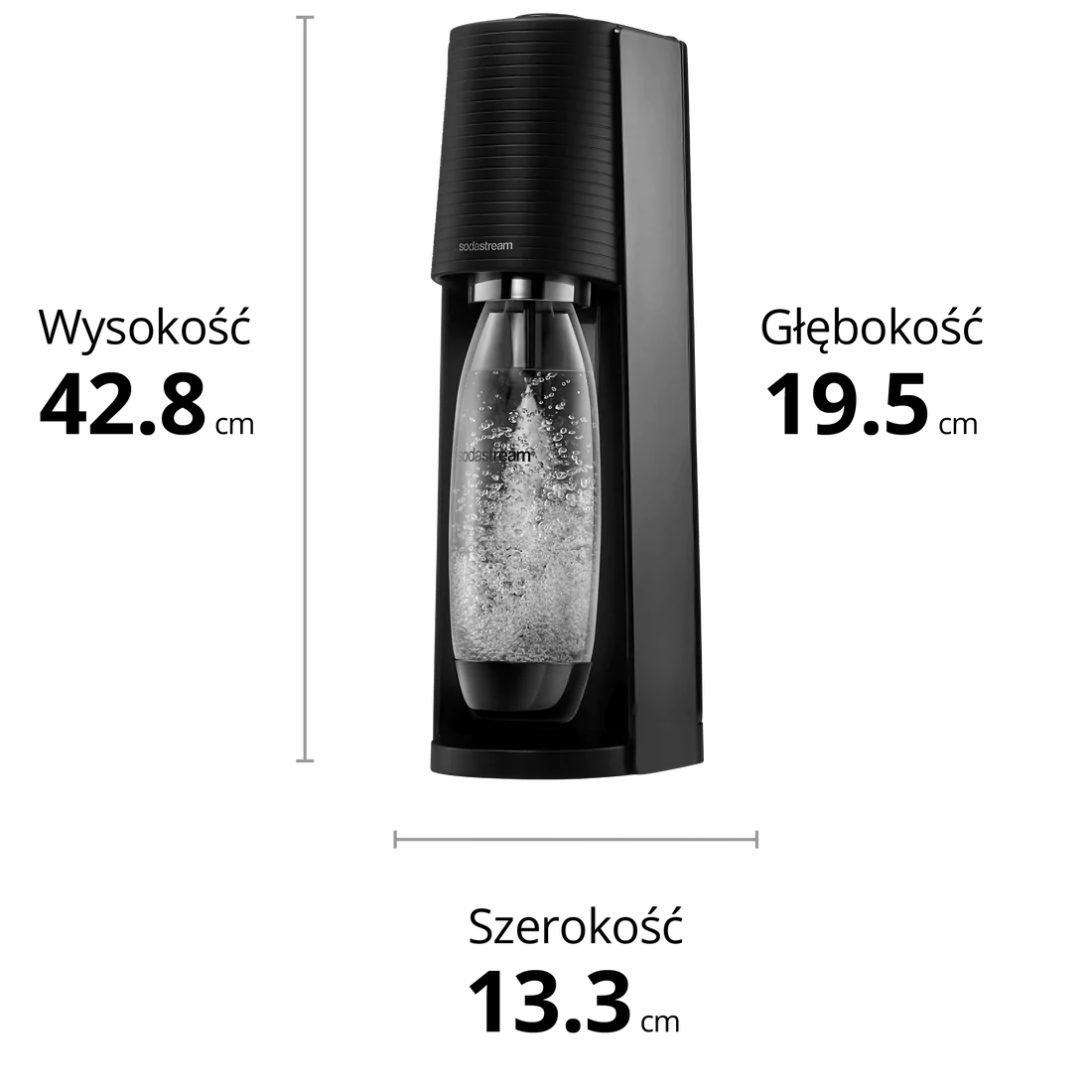 Czarna maszyna do sody z szklaną butelką, linie pomiarowe w tle.