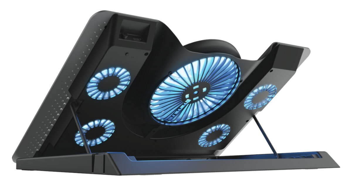 Czarna chłodziarka do laptopa z niebieskimi, świecącymi wentylatorami. Jest otwarta i ustawiona pod kątem.