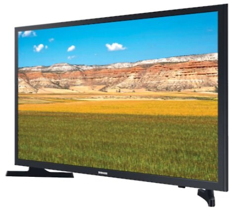 Ekran telewizora wyświetlający krajobraz z pasmem górskim.