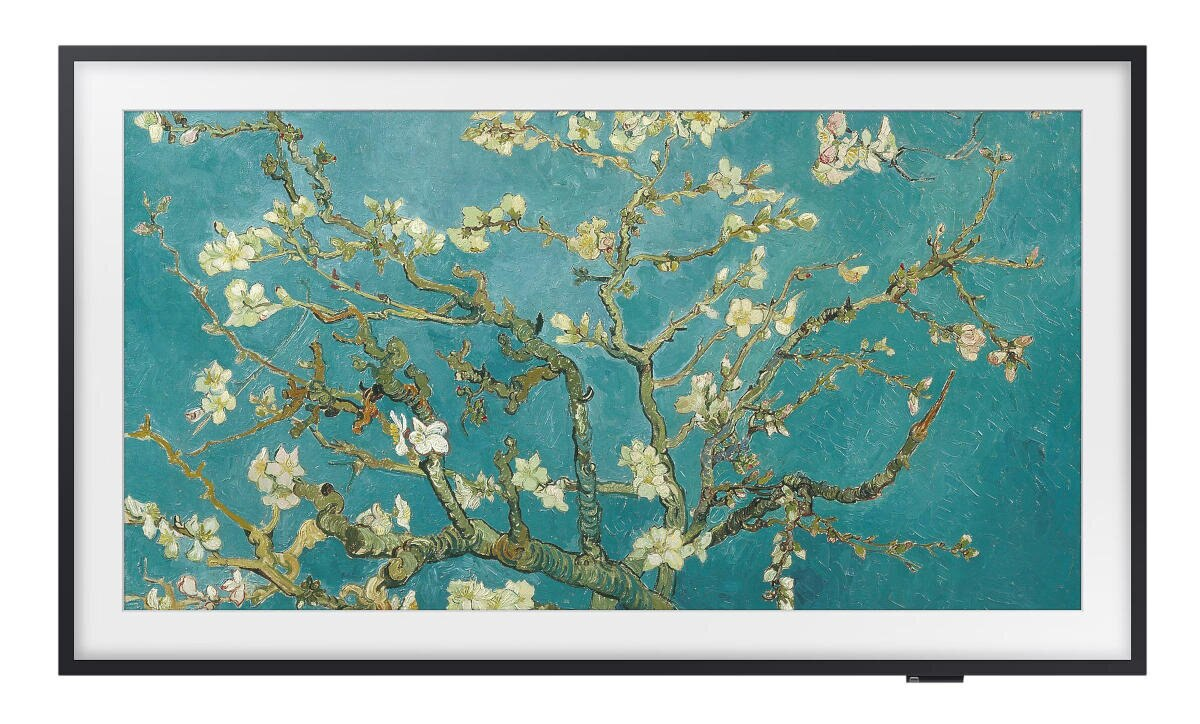 Czarna oprawiona TV wyświetla obraz Wan Gogha, Migdałowe Kwiaty.