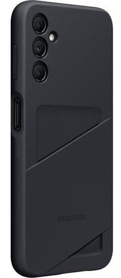 Czarne etui na telefon z ukośnym wzorem. Etui zakrywa tył i boki telefonu. Logo Samsung.