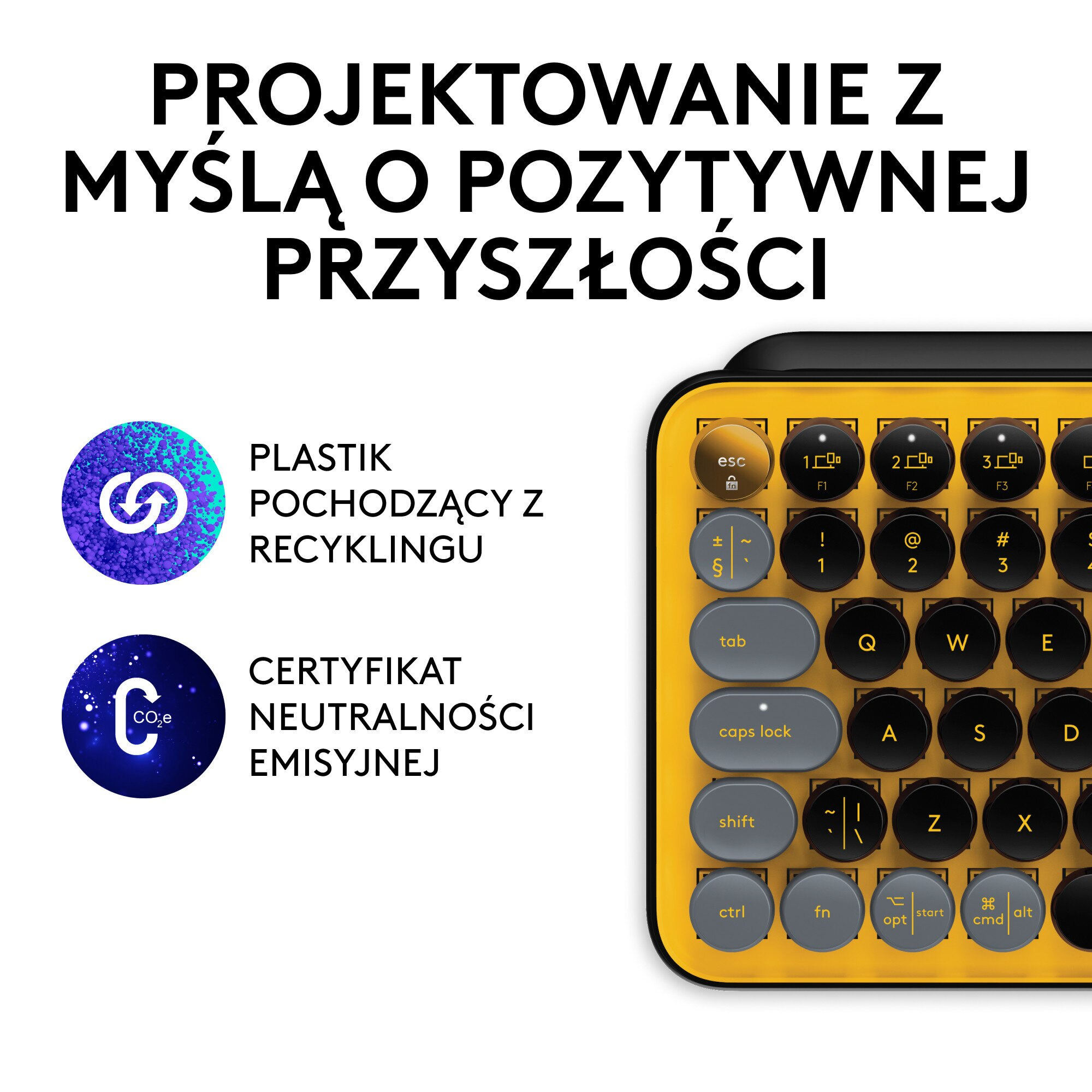 Żółta klawiatura z polskim tekstem, ikonami i białym napisem.