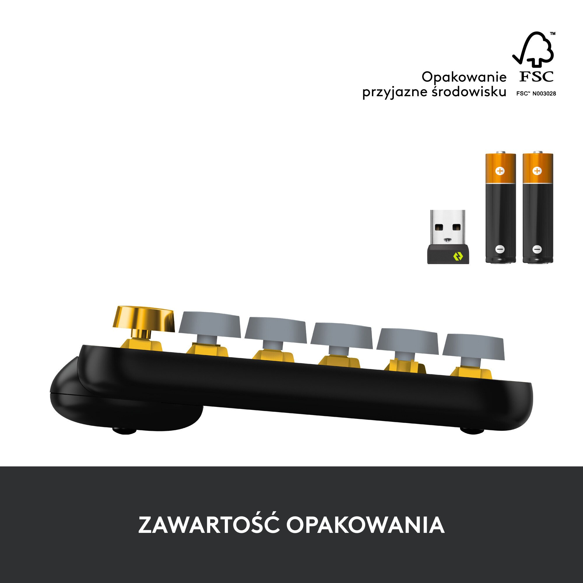 Klawiatura z czarnymi klawiszami i złotymi akcentami, plus baterie i odbiornik USB w opakowaniu.