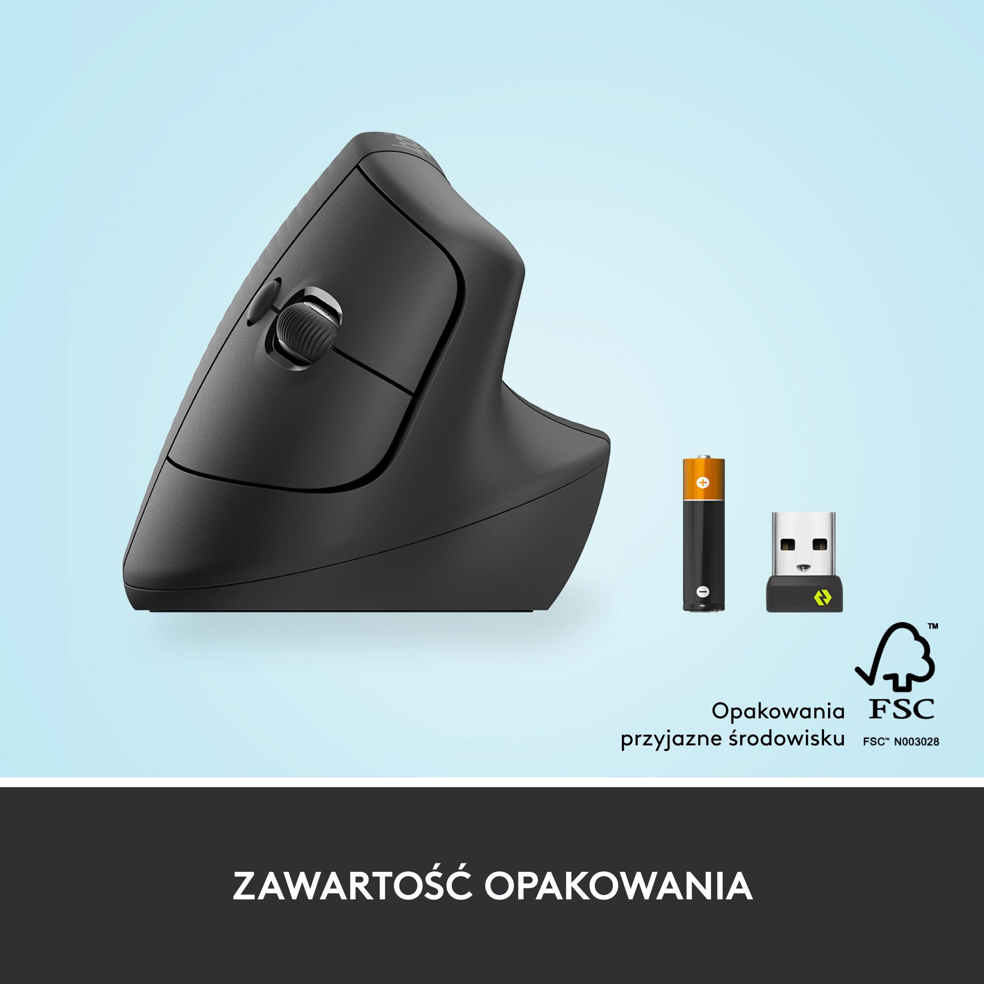 Czarna mysz pionowa z kółkiem przewijania, z bateriami i odbiornikiem USB.