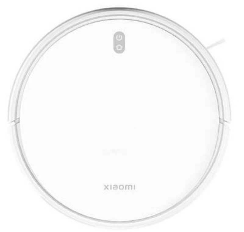 Biały, okrągły odkurzacz automatyczny ze słowem "xiaomi" na górze.