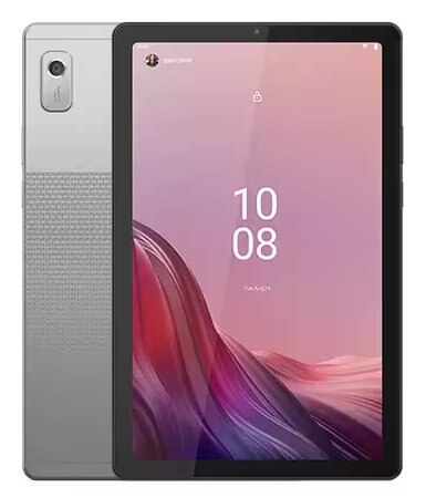 Tablet ze srebrnym tyłem, czarną ramką i różowym ekranem.