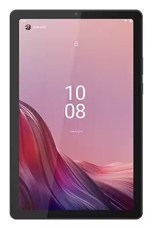 Czarny tablet wyświetlający ekran blokady z godziną i datą.