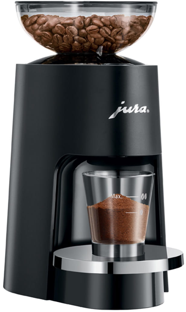Macinacaffè Jura nero con tramoggia trasparente. Caffè macinato in vetro.