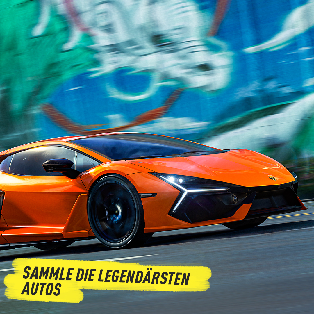 Ein orangefarbener Lamborghini auf einer Straße mit Graffiti im Hintergrund. Text lautet: 'SAMMLE DIE LEGENDÄRSTEN AUTOS' auf Deutsch.