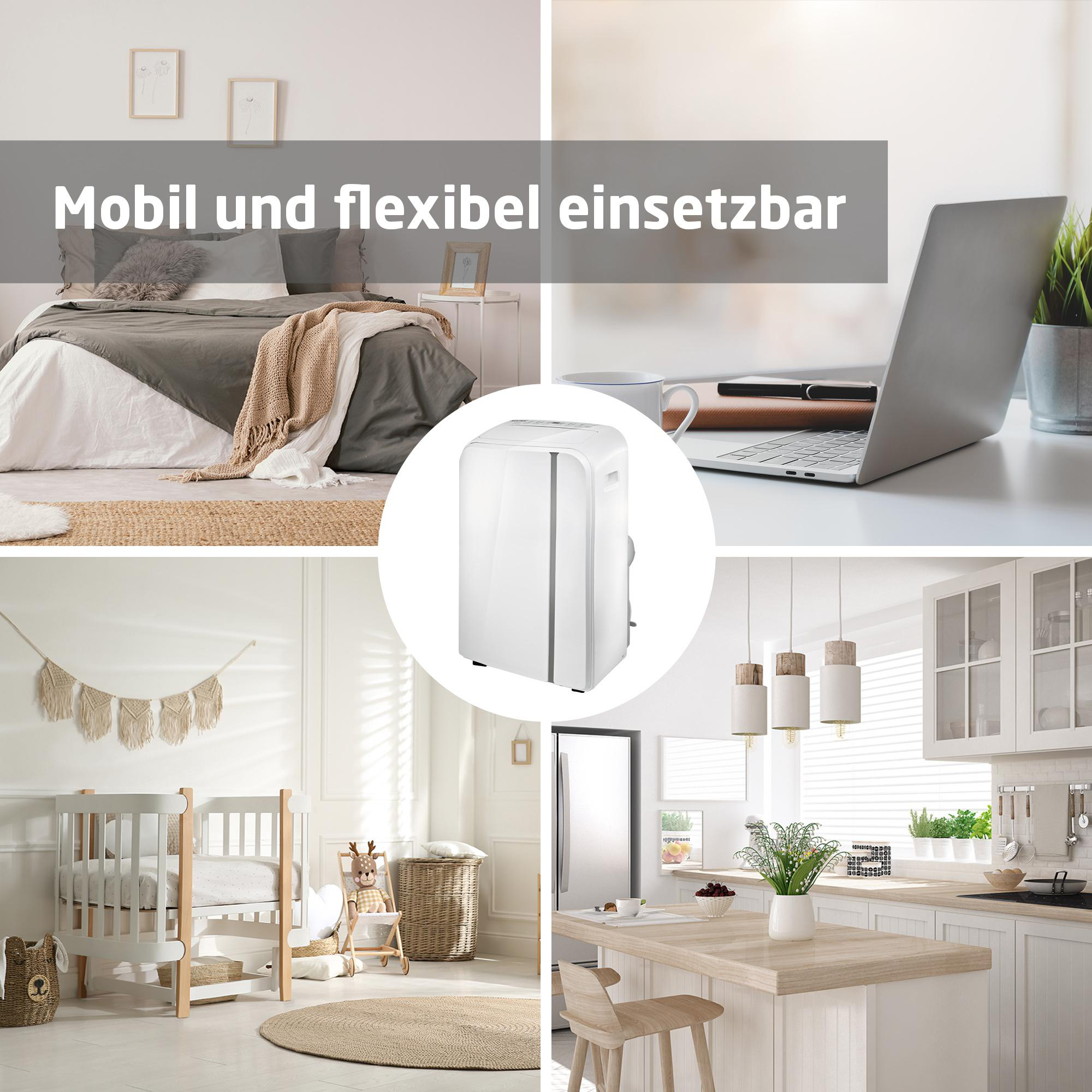 Die Collage zeigt eine weiße Klimaanlage in verschiedenen Innenräumen: Schlafzimmer, Büro, Kinderzimmer und Küche.