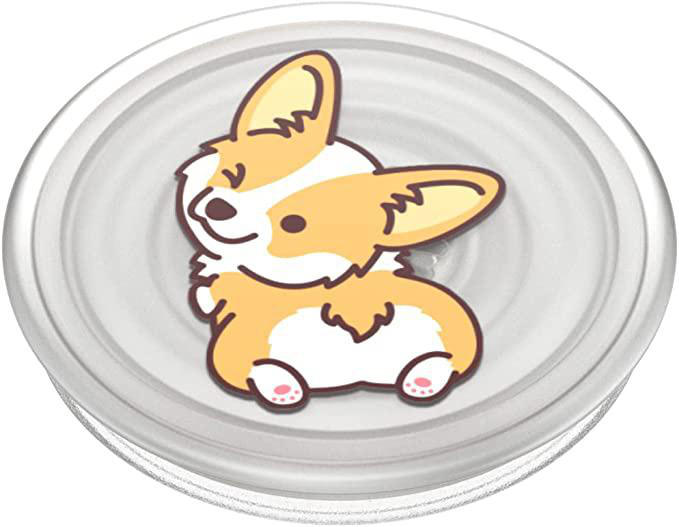 Ein weißer runder PopSockets mit einer Cartoon-Illustration eines Corgi-Hundes darauf.