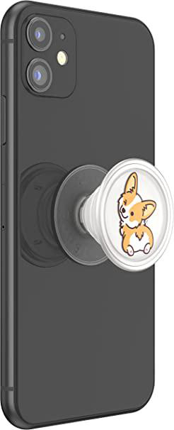 Schwarzes Telefon mit Pop-Socket mit Corgi-Hunde-Illustration.