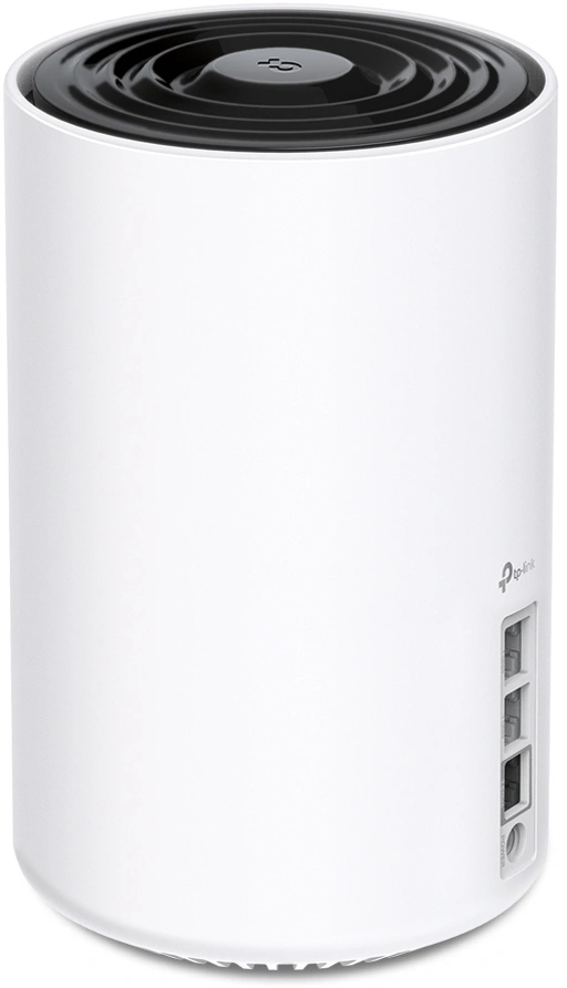 Appareil cylindrique blanc avec dessus et ports noirs, logo TP-Link.