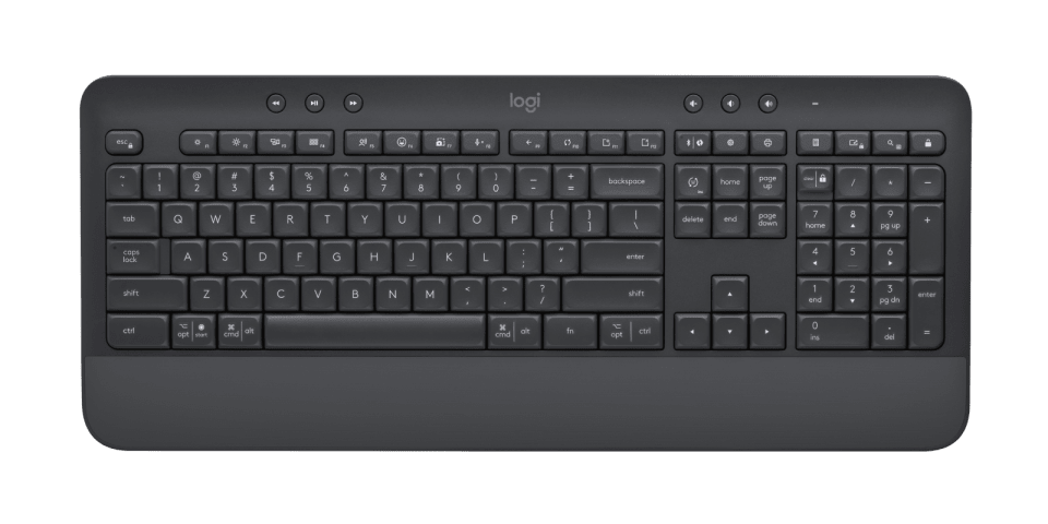 Egy sötétszürke Logitech billentyűzet, teljes billentyűkészlettel és számbillentyűzettel.