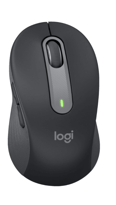 Fekete Logitech vezeték nélküli egér görgetőkerékkel és zöld bekapcsolásjelzővel.