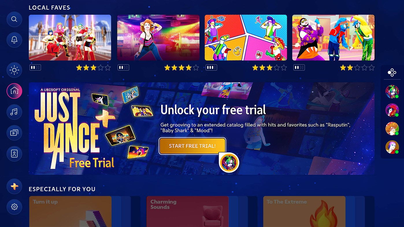 Ein Bildschirm, der eine Just Dance-Gratis-Test-Aktion mit Spielbildern anzeigt.
