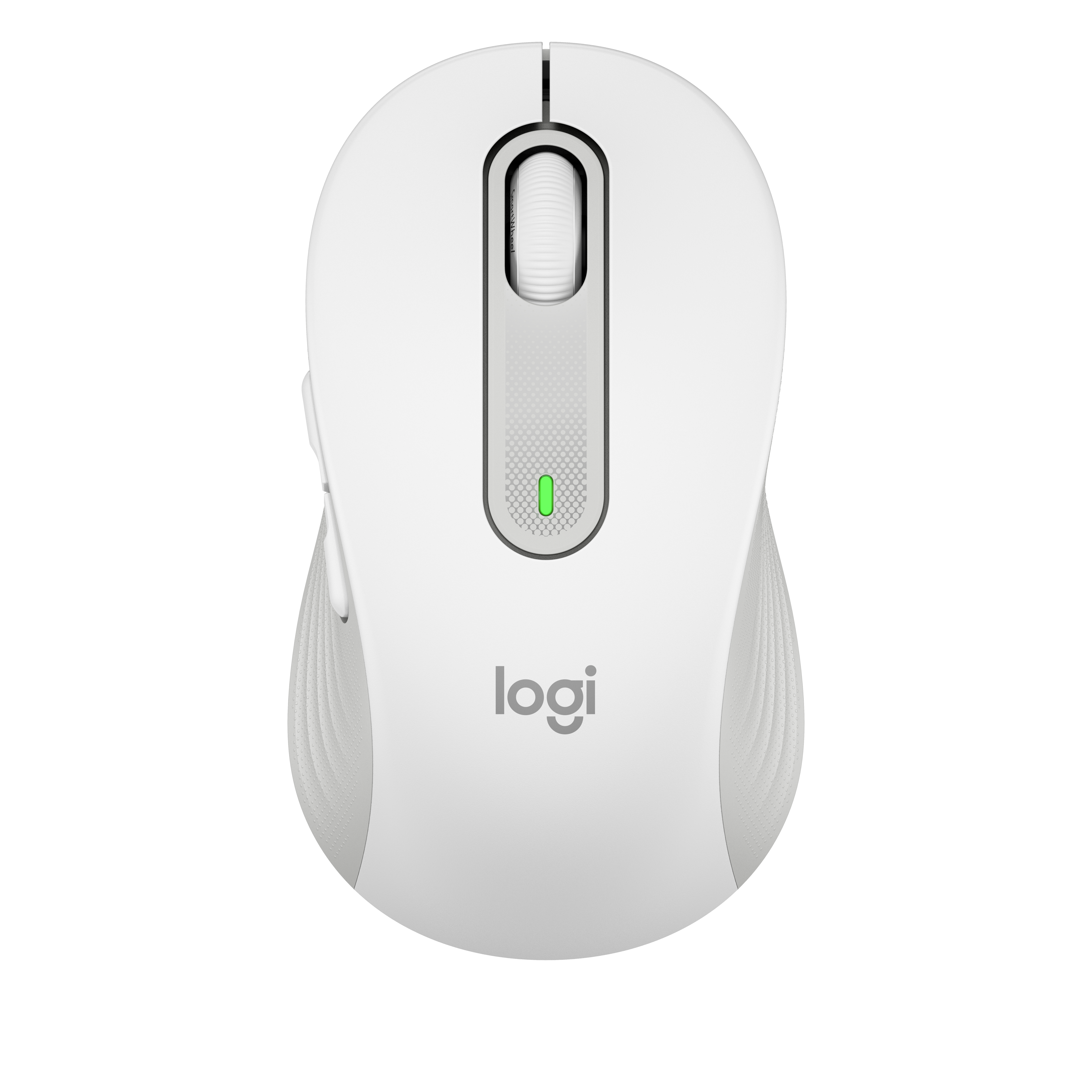 Fehér vezeték nélküli egér görgővel és a "logi" logóval fekete háttéren.