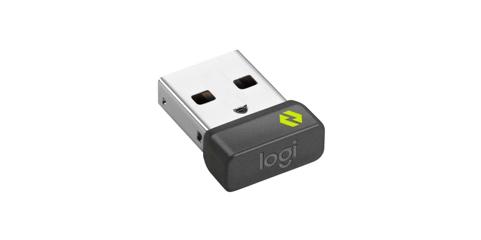 Egy kis USB-kulcs, fekete és ezüst, a logi logóval.