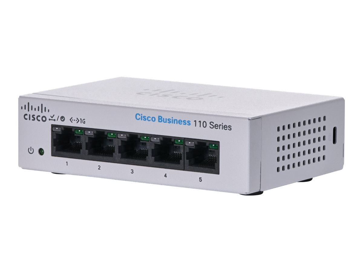 Ein silberner Cisco Business 110 Series Netzwerk-Switch mit fünf nummerierten Ports.