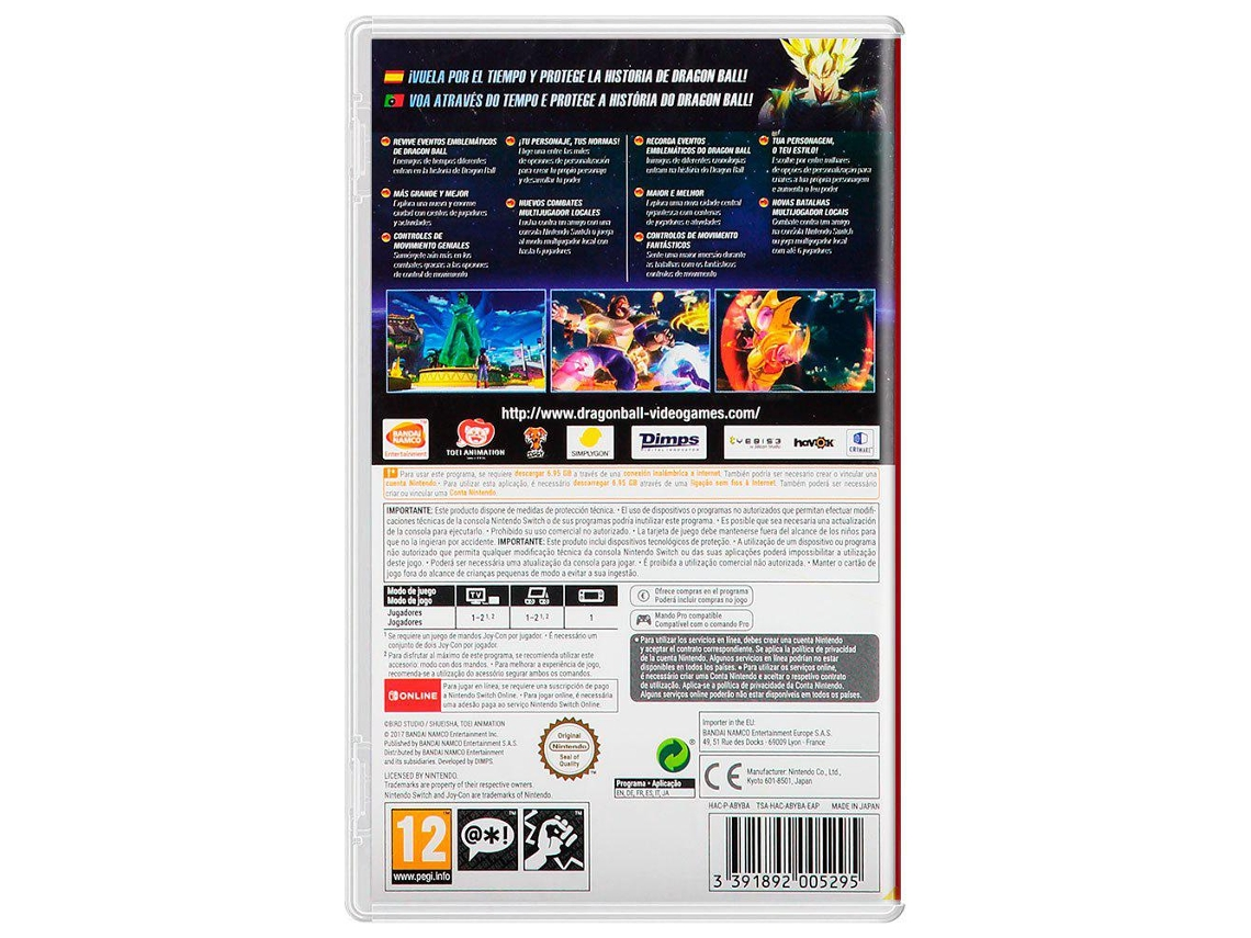 Parte trasera de una caja de juego de Nintendo Switch. Texto en varios idiomas sobre el juego.