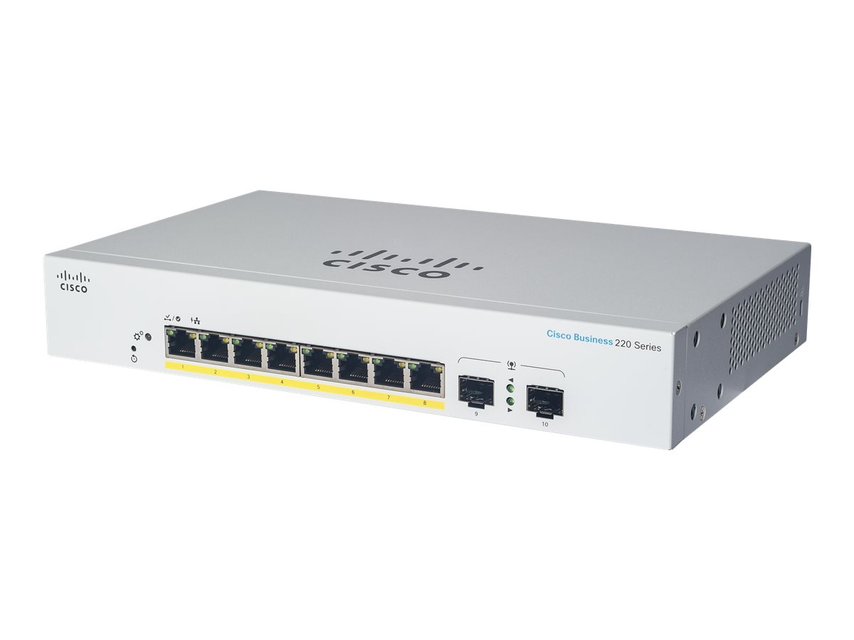 Cisco Business 220 Series Switch. Das Gerät ist hellgrau mit Anschlüssen.
