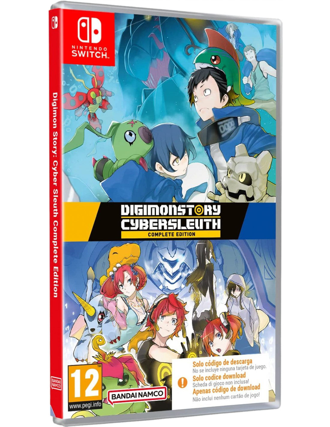 Caja de juego Switch: Digimon Story Cyber Sleuth. Personajes en portada, colores vibrantes, logo Nintendo Switch.