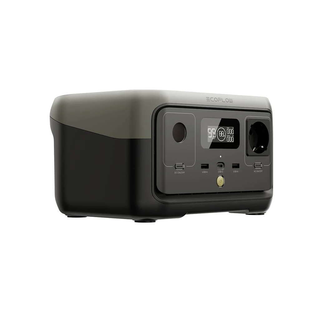 Estación de energía portátil negra y gris con pantalla digital y varios puertos.