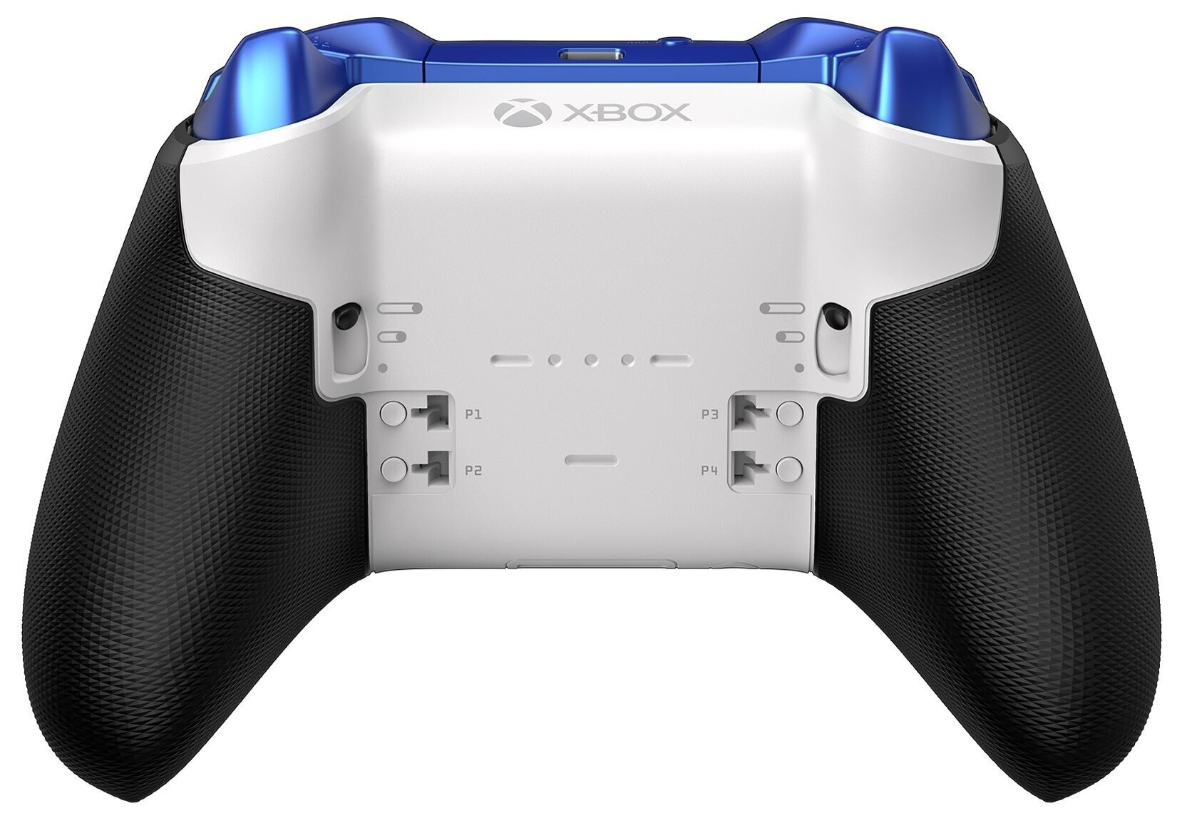 Tył czarno-białego kontrolera do gier. Widoczne logo Xbox i przyciski P1-P4.