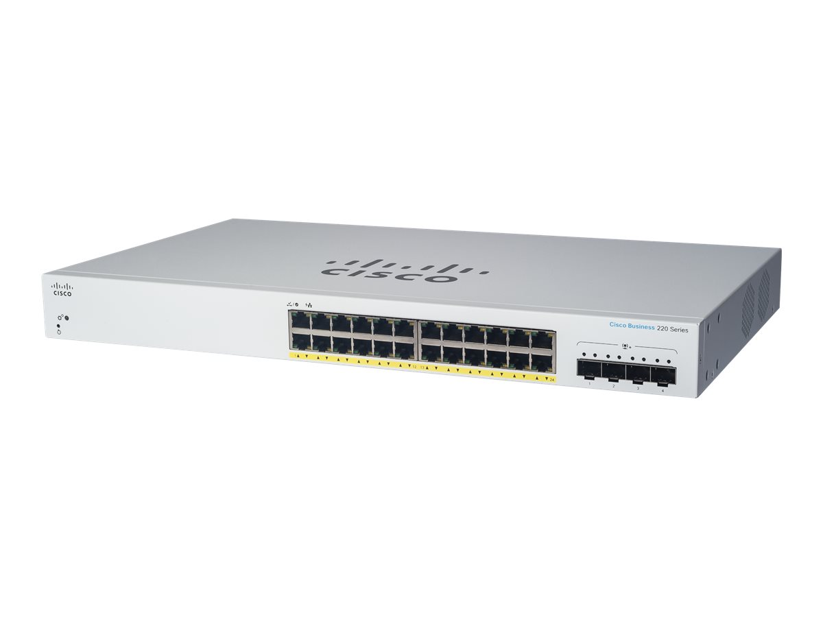 Ein weißer Cisco Business 220 Series Switch mit vielen Anschlüssen.