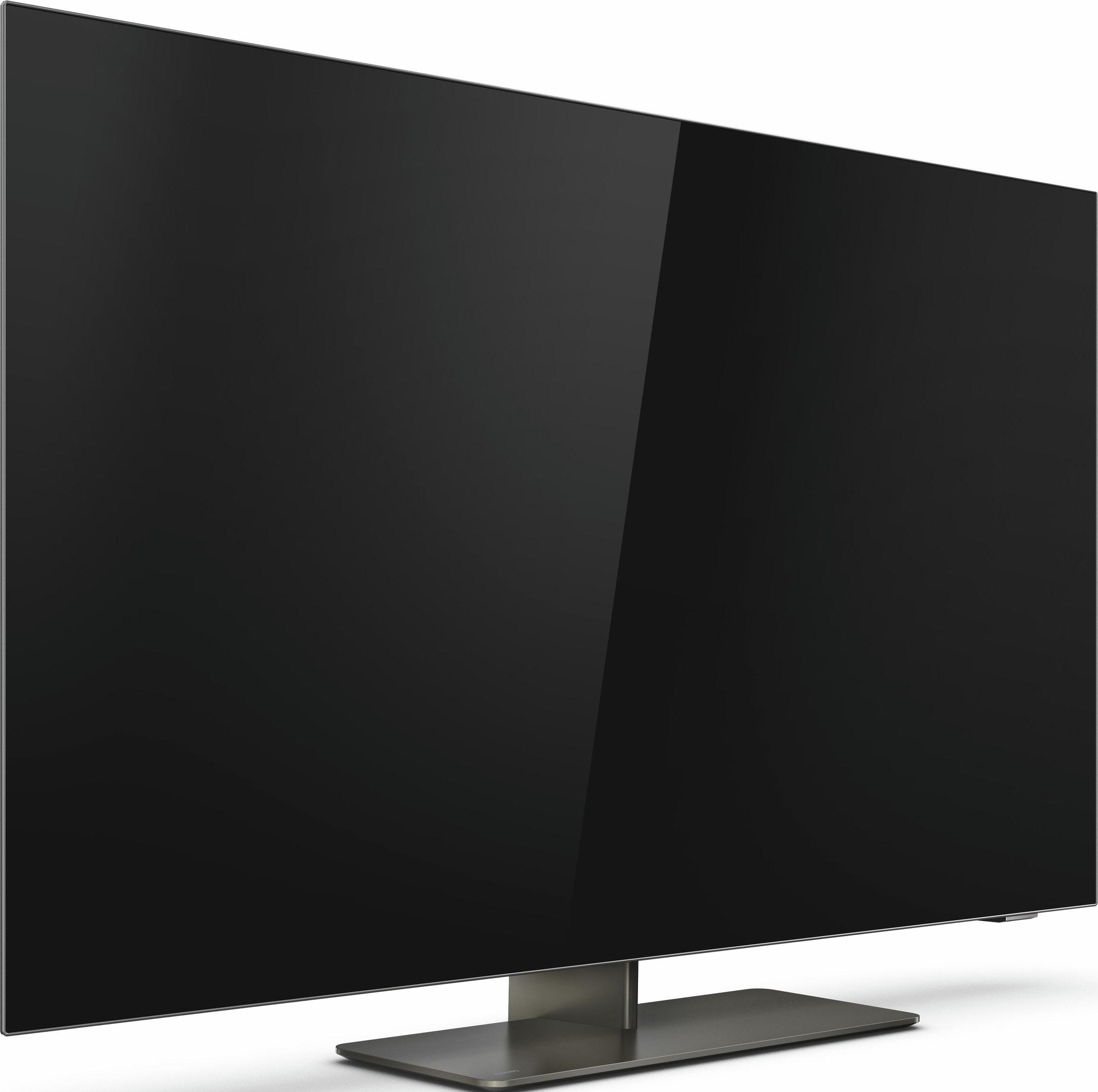 Großer schwarzer Fernseher auf einem silbernen Ständer. Der Bildschirm ist glänzend, mit einer hellen, reflektierenden Oberfläche.