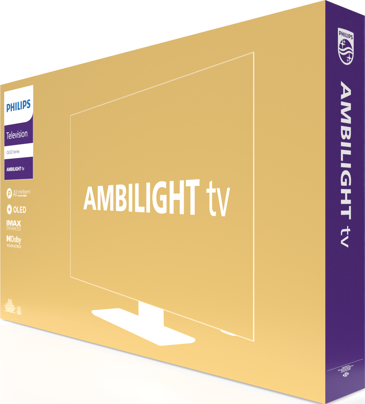Eine Philips Ambilight TV-Box mit Text: Ambilight tv, OLED, IMAX Enhanced und Dolby Vision.