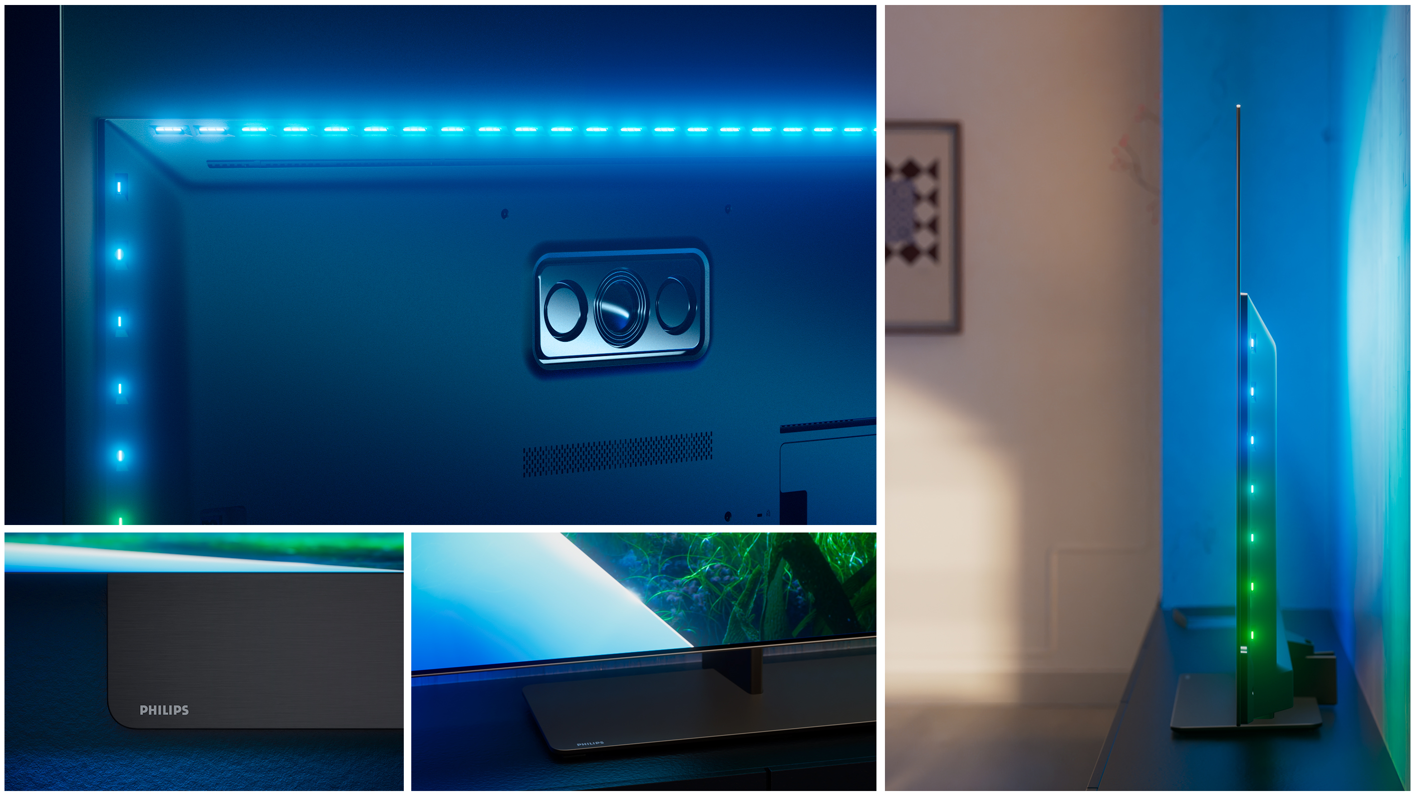 Mehrere Bilder zeigen einen Smart-TV mit blauem Licht.