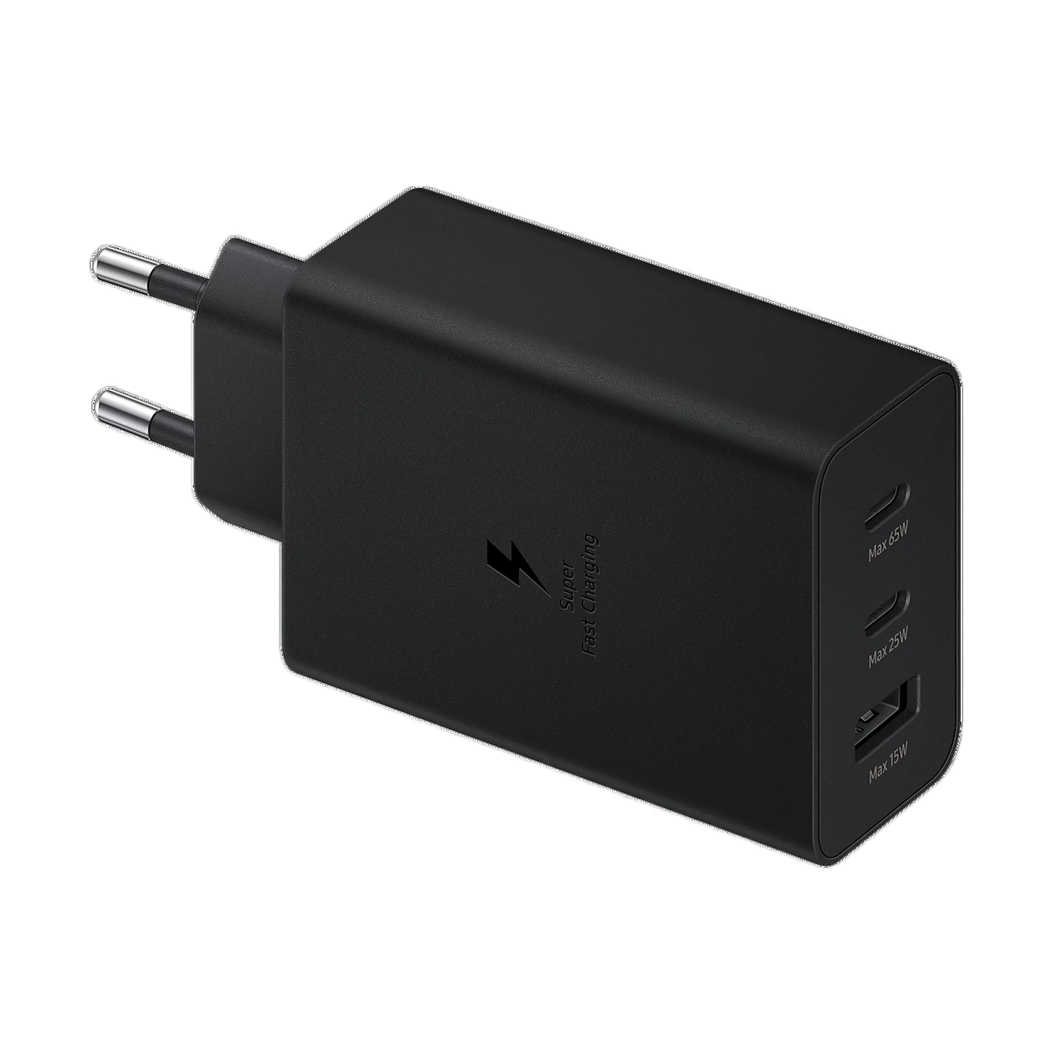 Black Samsung charger with three USB ports and fast charging description.