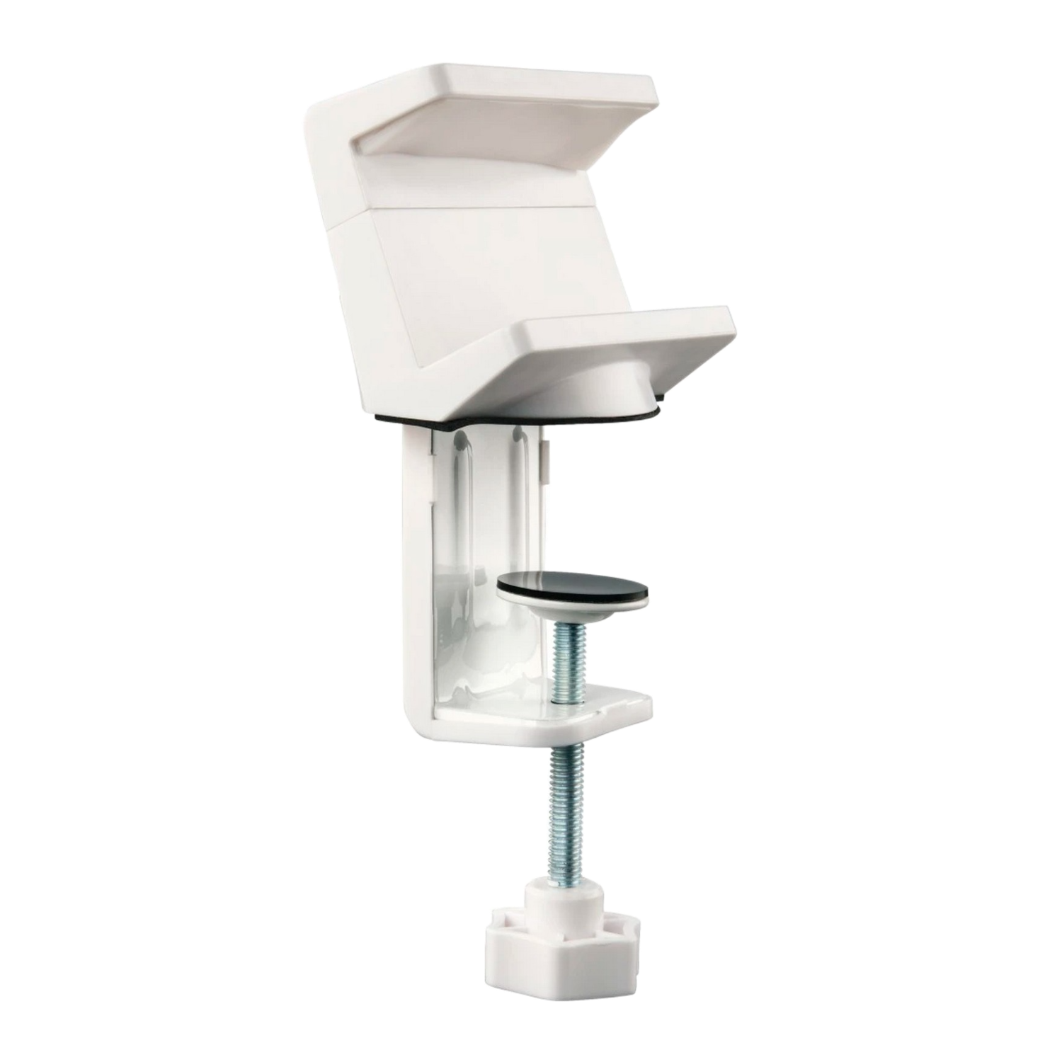 Support de moniteur blanc avec pince et pièces réglables.