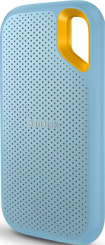 Blauer tragbarer Lautsprecher mit gelbem Griff. Perforierte Oberfläche mit 'SanDisk'-Logo.