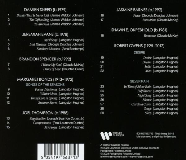 Album hátlapja, fehér szöveg a számok listájával és a stáblistával.