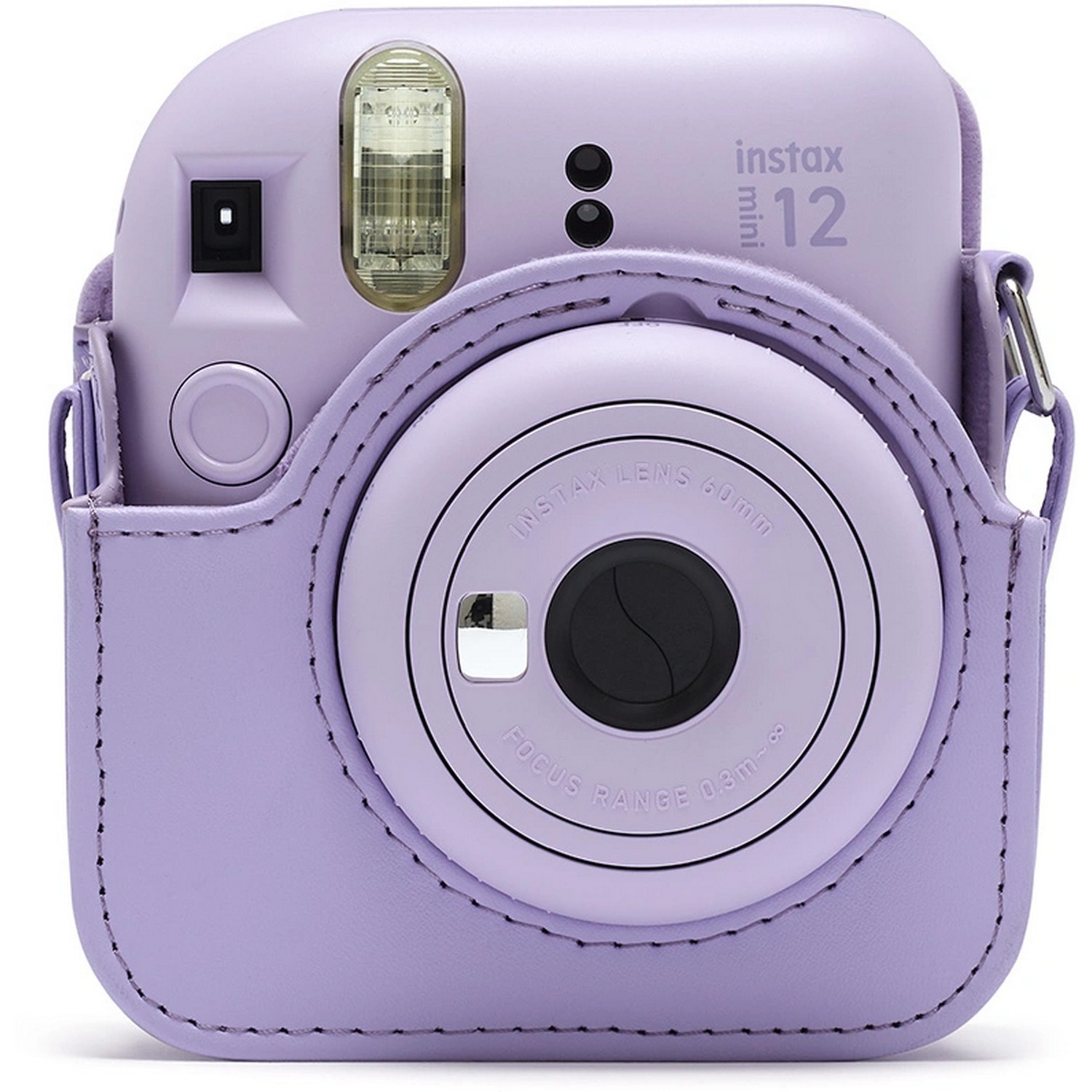 A purple Instax Mini 12 camera in a matching case. The lens and flash are visible.