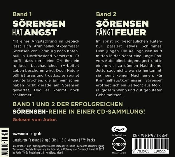Zwei Buchcover: "Sörensen Hat Angst" und "Sörensen Fängt Feuer" auf Deutsch.