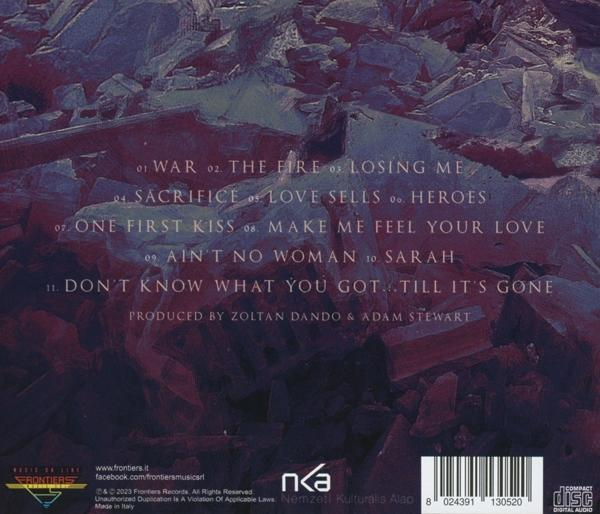 CD-Cover mit Songtiteln. Lila-grauer Hintergrund mit abstrakten Formen. Text in weißer Farbe.