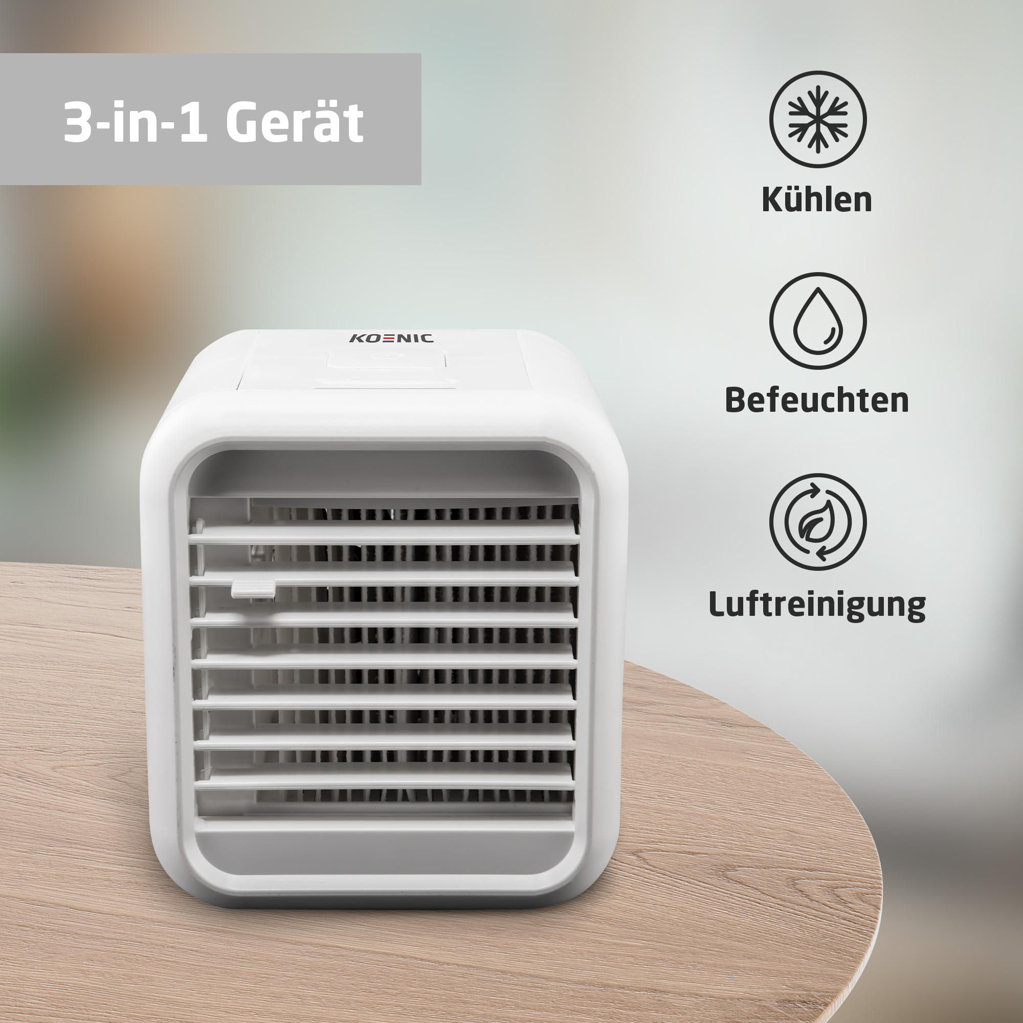 Weißer 3-in-1 Luftkühler mit Etiketten für Kühlen, Befeuchten und Luftreinigung.