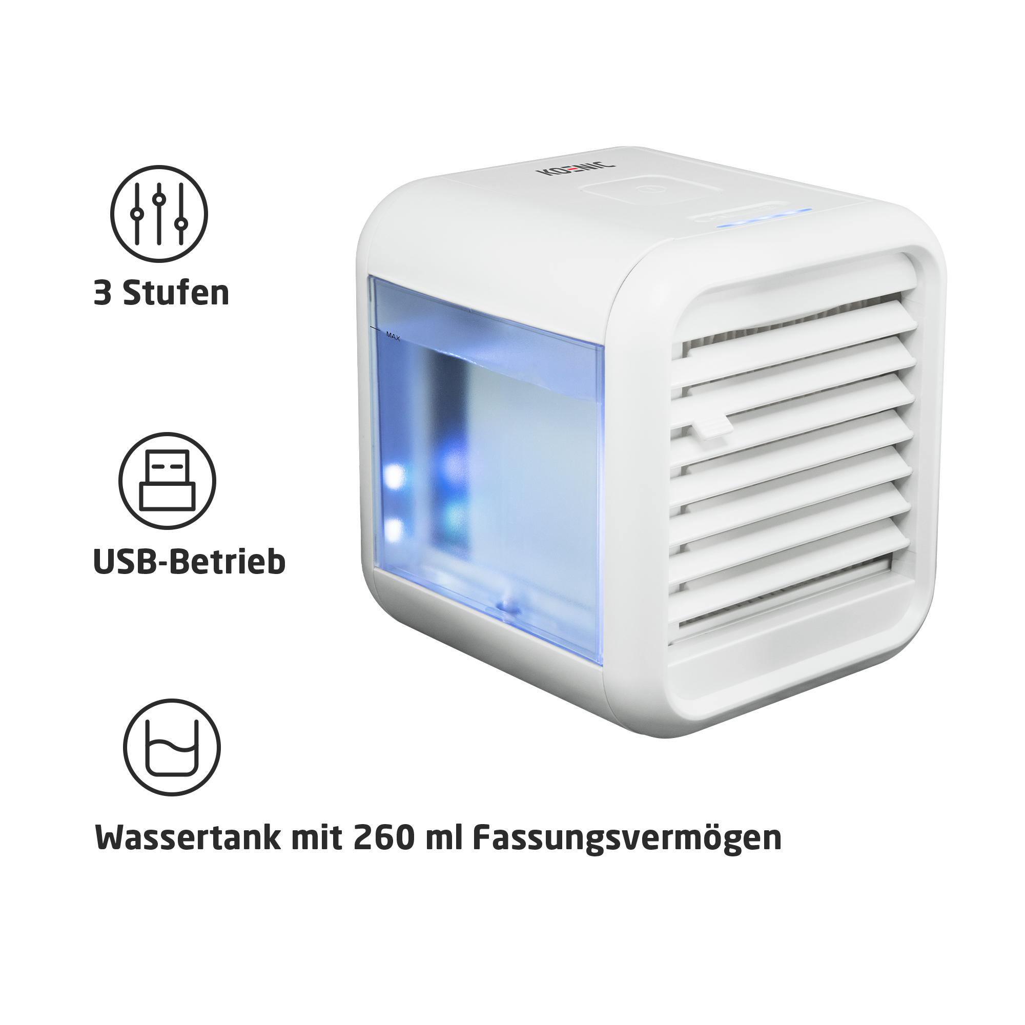 Weißer Luftkühler mit Symbolen.