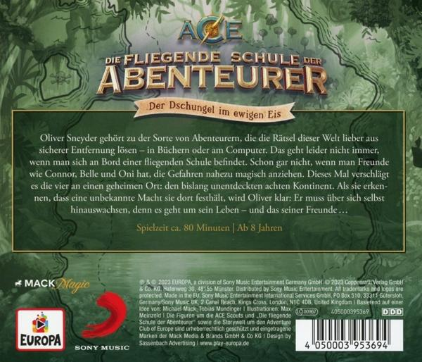 Rückseite eines Buches mit dem Titel "Die fliegende Schule der Abenteurer" mit Text und Logos.
