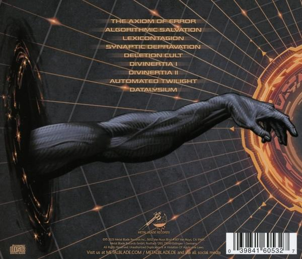 Albumcover mit Songtiteln, einer Hand, die aus einem Portal greift, und einem abstrakten Hintergrund.