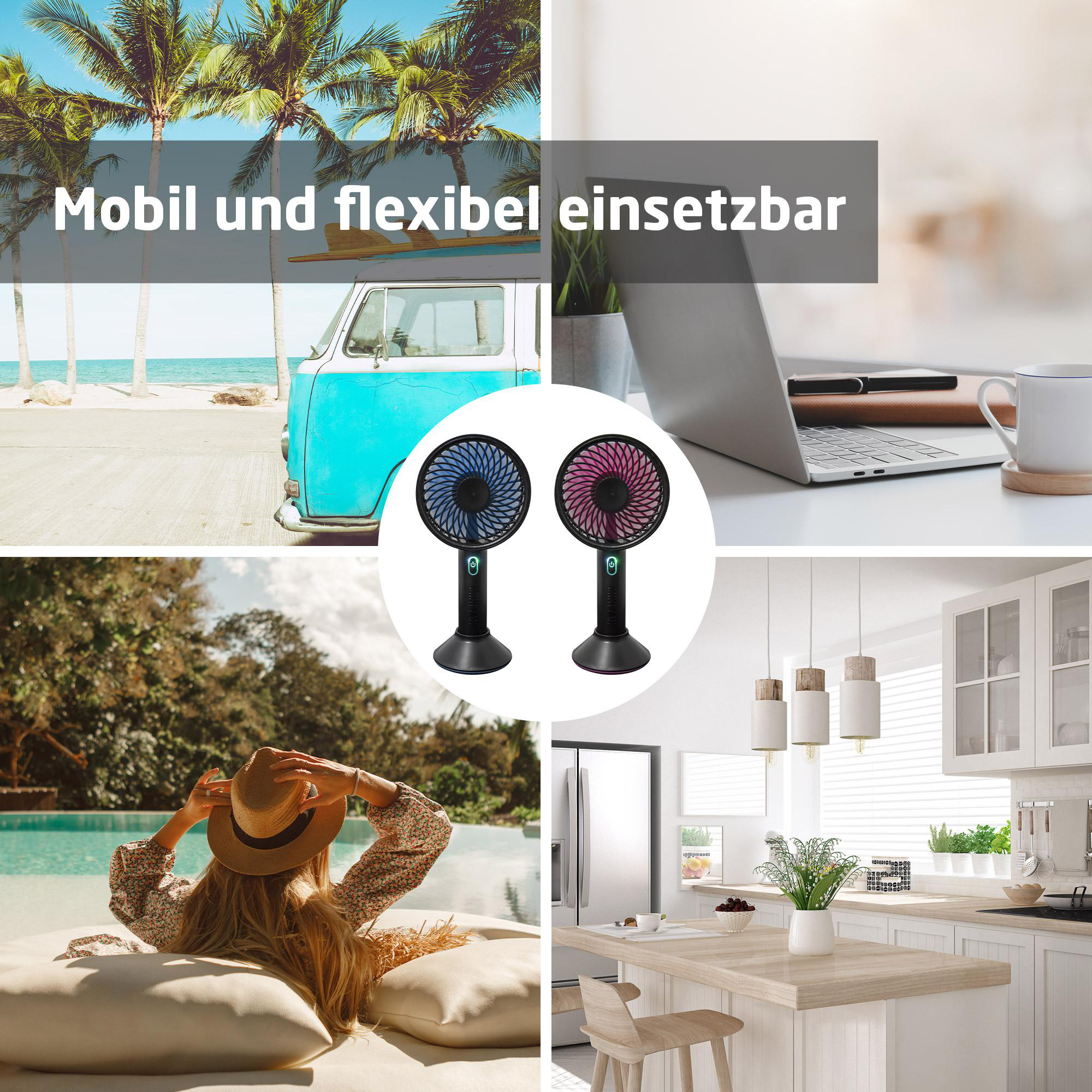 Vier Bilder von Szenen: Strand, Küche, Laptop und ein Gerät. Der Text ist 'Mobil und flexibel einsetzbar'.