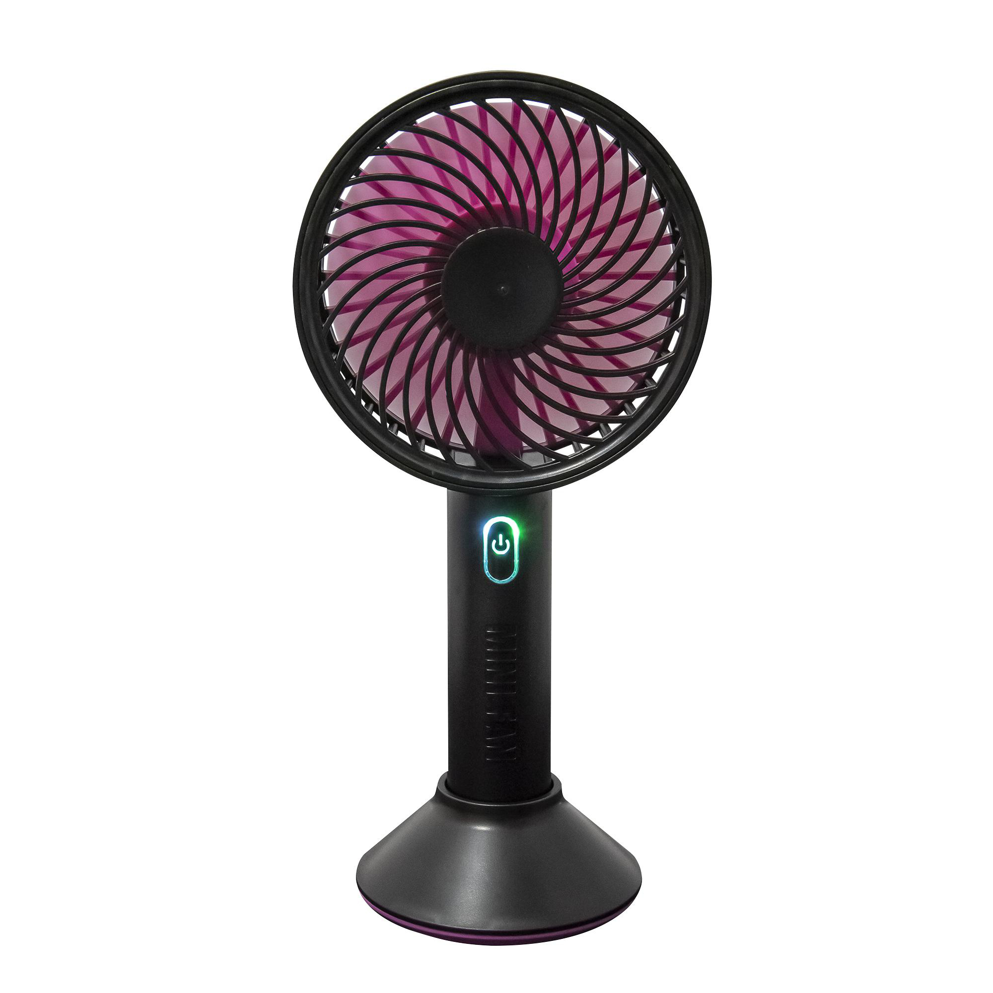 Ein schwarzer und violetter Mini-Ventilator, eingeschaltet. Er hat einen Sockel und einen Ein-Aus-Schalter.